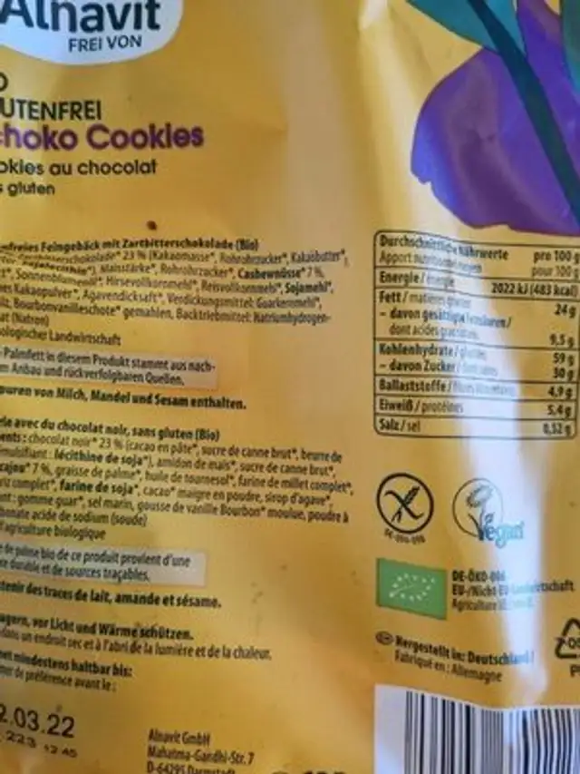 Schoko Cookies nutrition facts table