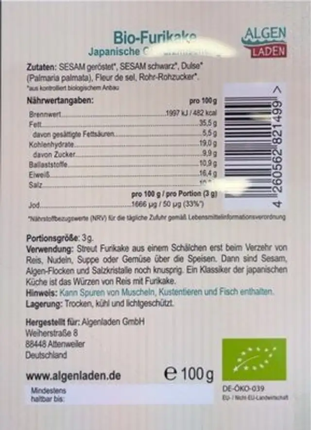 Bio-Furikake nutrition facts table