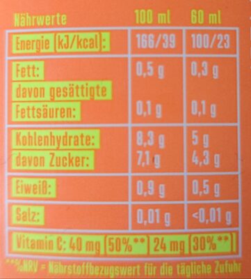 Kraftling Ingwer Shot Orange/Curcuma nutrition facts table