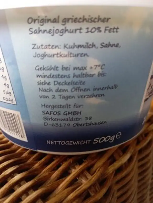 Original griechischer Sahnejoghurt ingredients label