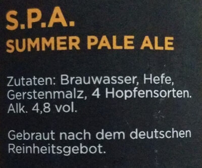Summer Pale Ale (S.P.A) ingredients label