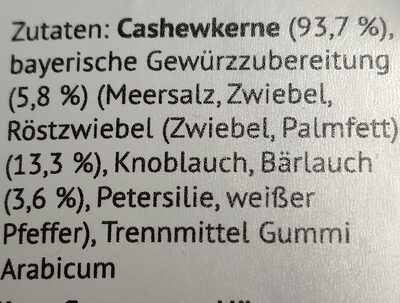Cashew-Bavarian ingredients label