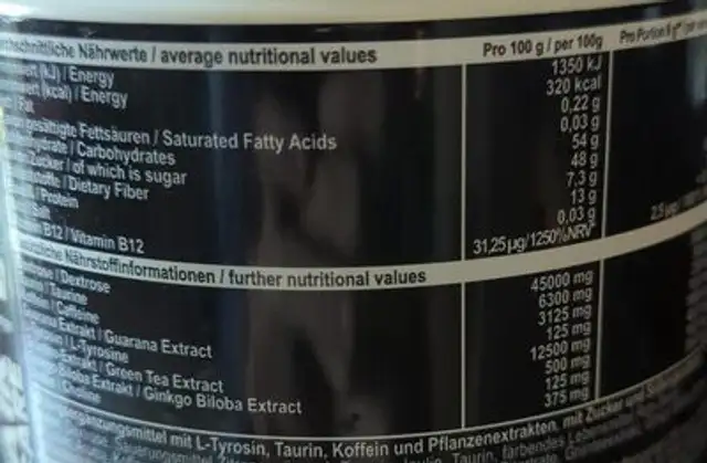 Gaming booster nutrition facts table