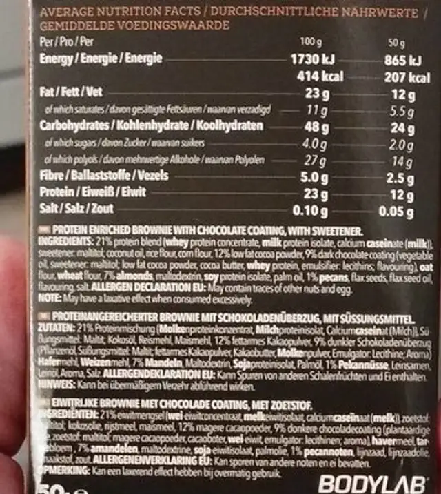 Protein brownie nutrition facts table