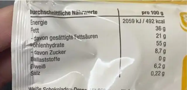 Schokodrops Weiss nutrition facts table