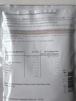 Total Protein ingredients label