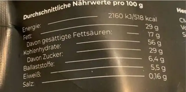 Bio Zartbitter Crunchies nutrition facts table