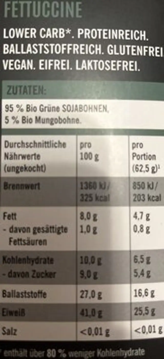 mungo edamame fettuccini nutrition facts table
