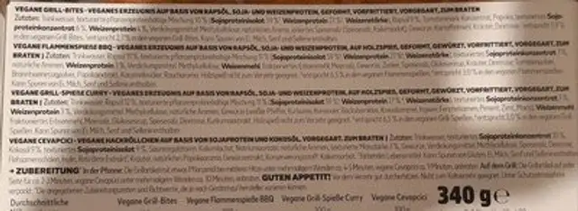 Vegane Grillplatte ingredients label