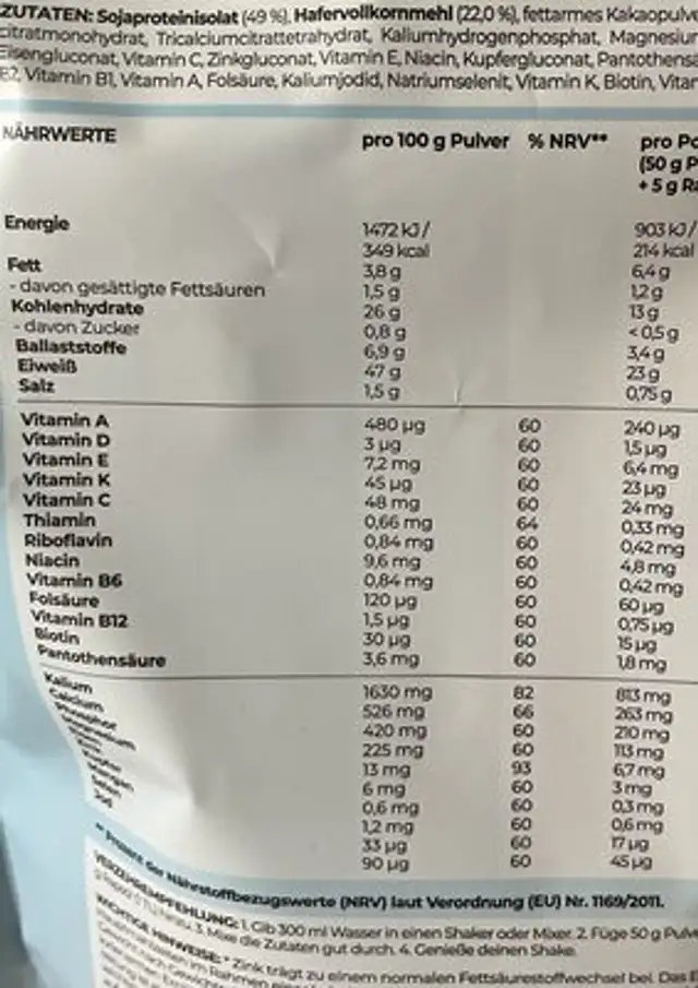 Stoffwechselshake Schoko nutrition facts table