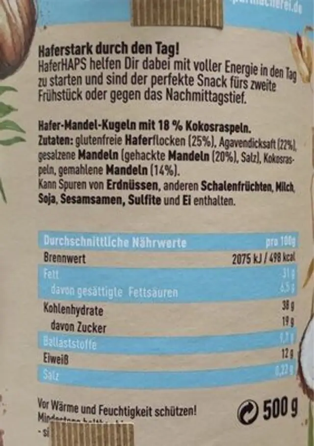 Hafer haps Kokos nutrition facts table