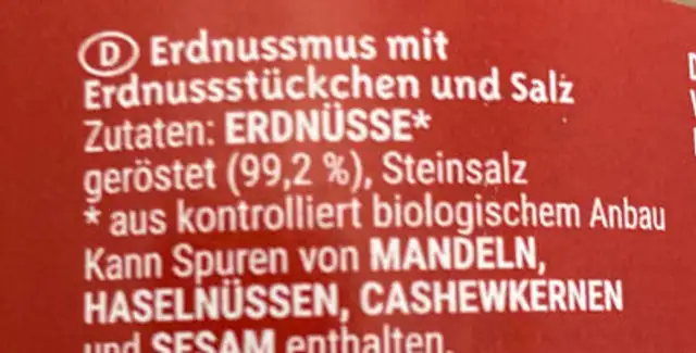 Erdnussmus crunchy ingredients label