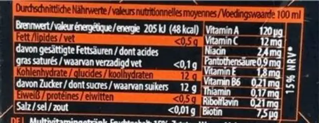 R!ch kids nutrition facts table