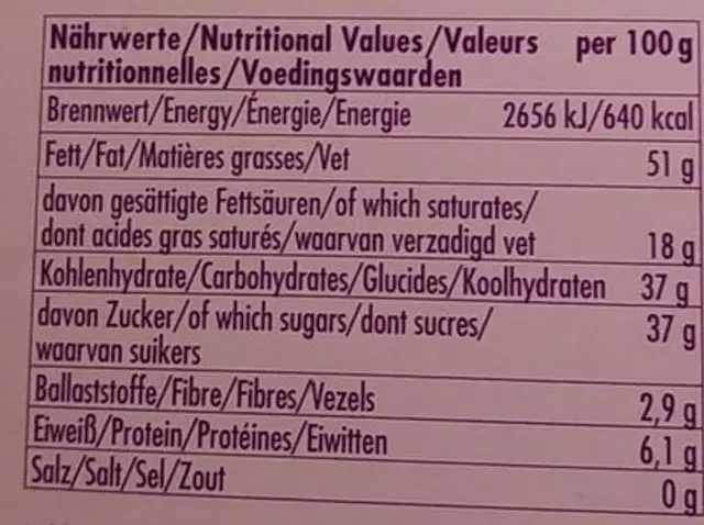 White Crunchy Hazelnut nutrition facts table