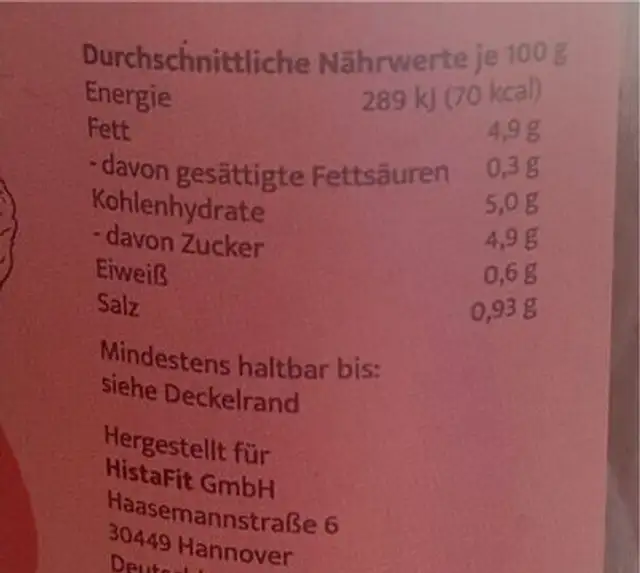 Gemüse Soße nutrition facts table