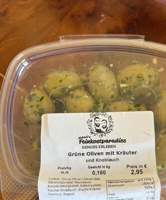 Grüne Oliven mit Kräutern in Knoblauch front packaging