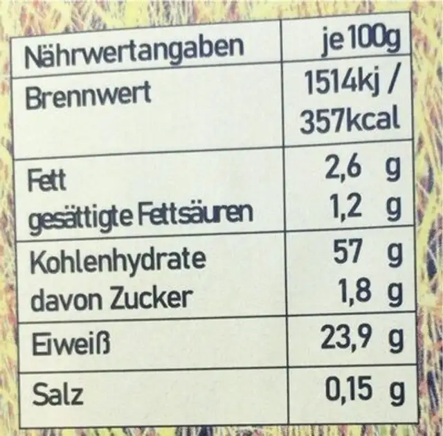 Spaghetti Vollkornnudeln nutrition facts table