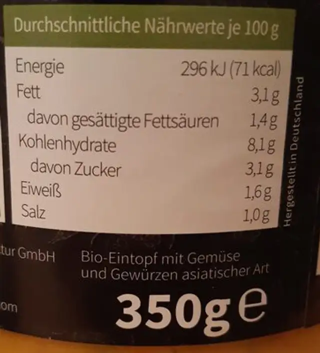 Thai Curry nutrition facts table