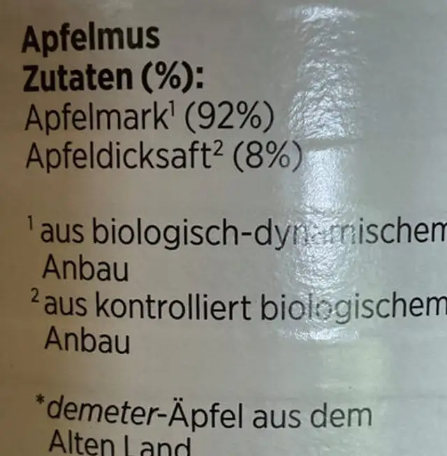Apfelmus ingredients label