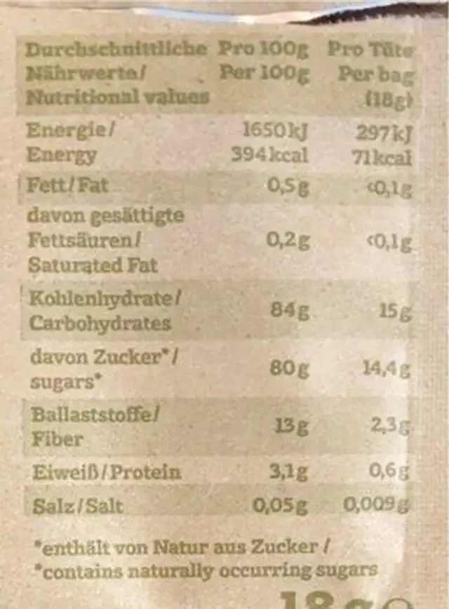 Fruchtpapier Apfel-Mango nutrition facts table