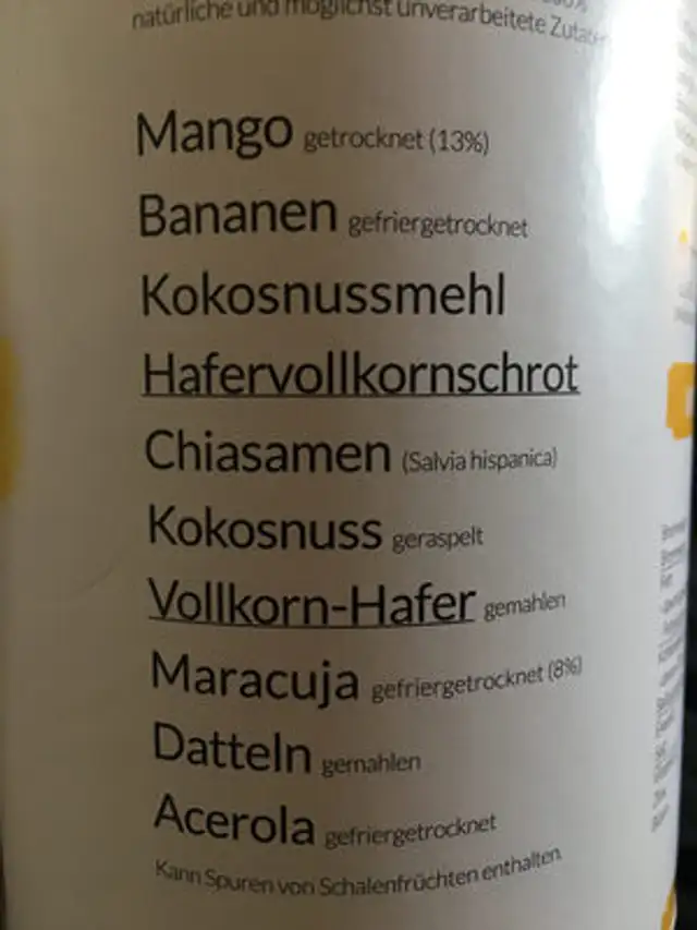 Mango Mia Smoothie Bowl Pulver ingredients label