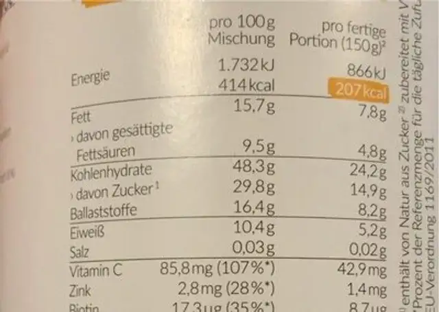 Mango Mia Smoothie Bowl Pulver nutrition facts table
