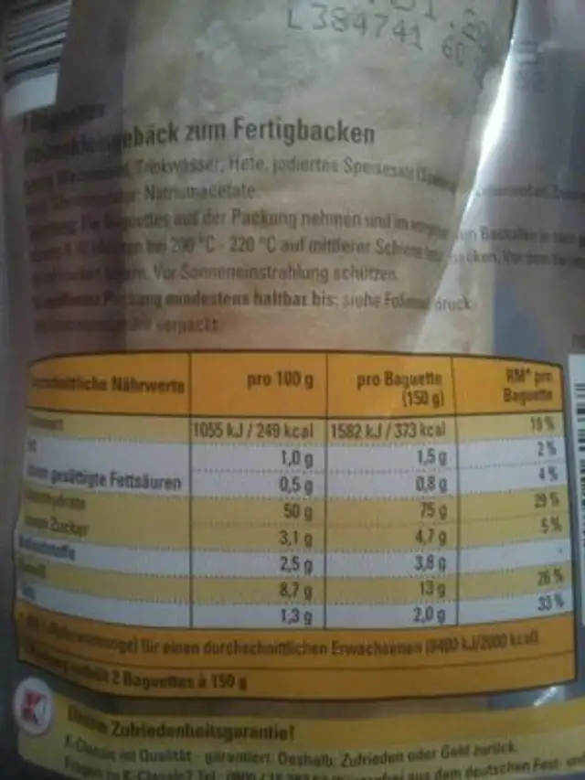 Baguettes zum Fertigbacken nutrition facts table