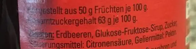 Konfitüre, Erdbeere ingredients label