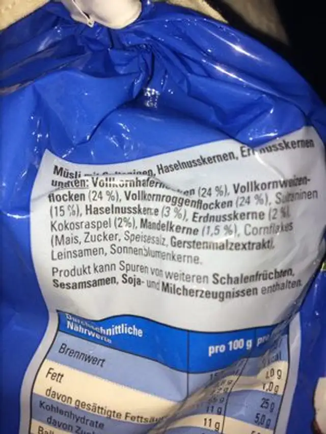 Trauben Nuss Müsli ingredients label