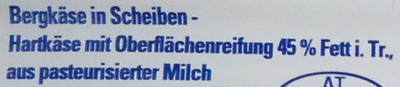 Bergkäse in Scheiben ingredients label