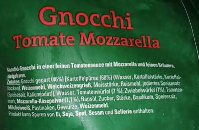 Gnocchi Tomate Mozzarella ingredients label