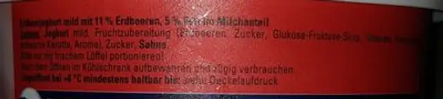 Joghurt, Mild, Erdbeere ingredients label