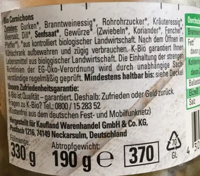 Bio Cornichons ingredients label