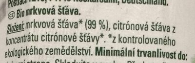Bio mrkvová šťáva ingredients label