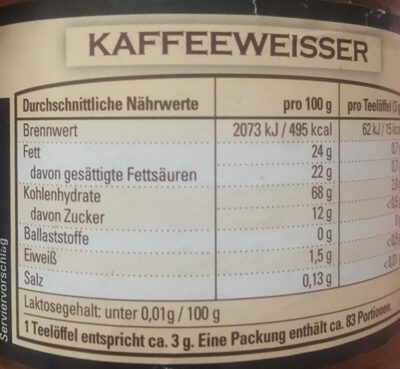 Cafe Allegro Kaffeeweisser ingredients label