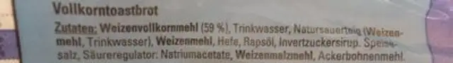 Volkorn Toast ingredients label