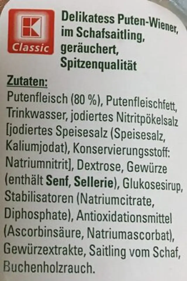 Delikatess Puten Wiener ingredients label