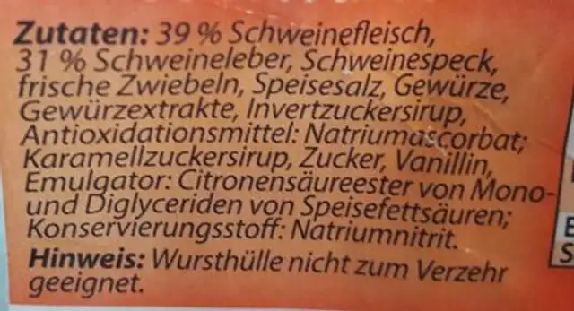Delikatess Leberwurst ingredients label