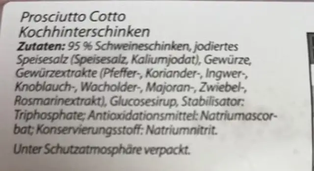 Prosciutto Cotto, Würzig ingredients label
