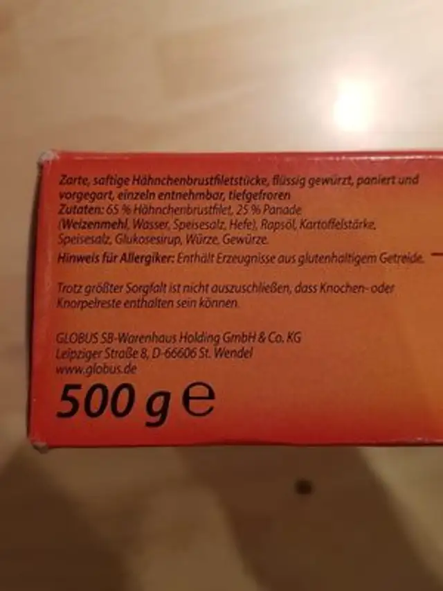 Hähnchen mini schnitzel ingredients label