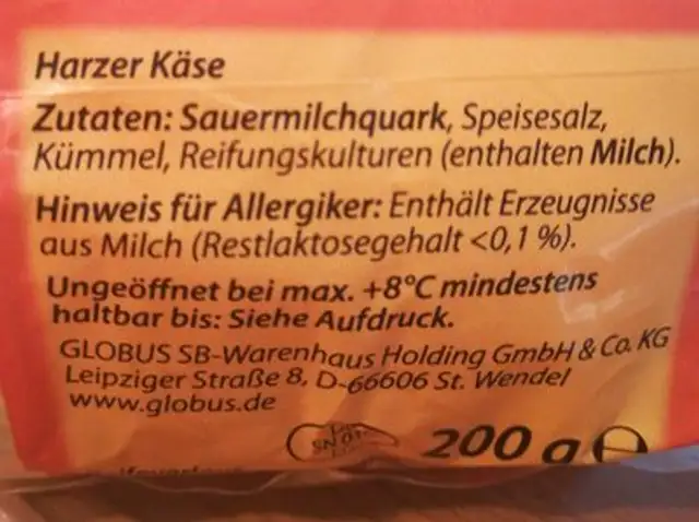Harze Roller ingredients label