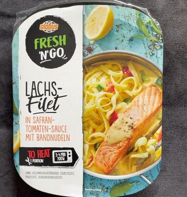 Lachsfilet in Safran-Tomaten-Sauce mit Bandnudeln front packaging