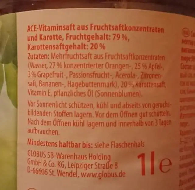 Ace-vitaminsaft Aus Fruchtsaftkonzentraten Und Karottensaft ingredients label