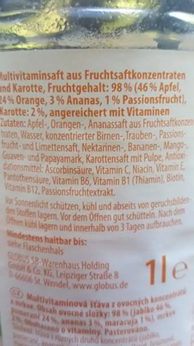 Milder Multivitaminsaft ingredients label