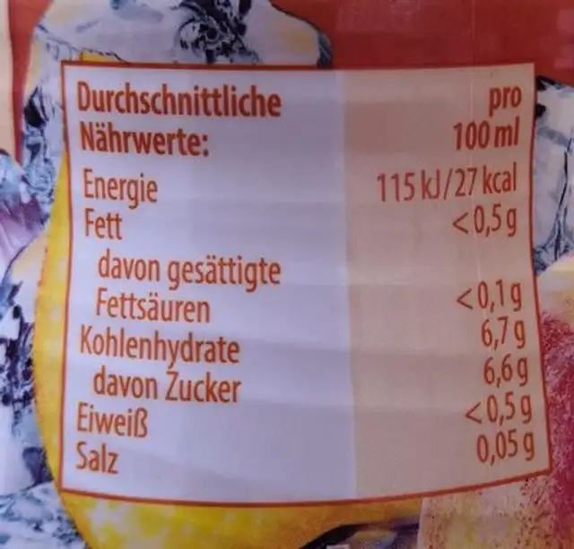 Eistee Pfirsich ingredients label
