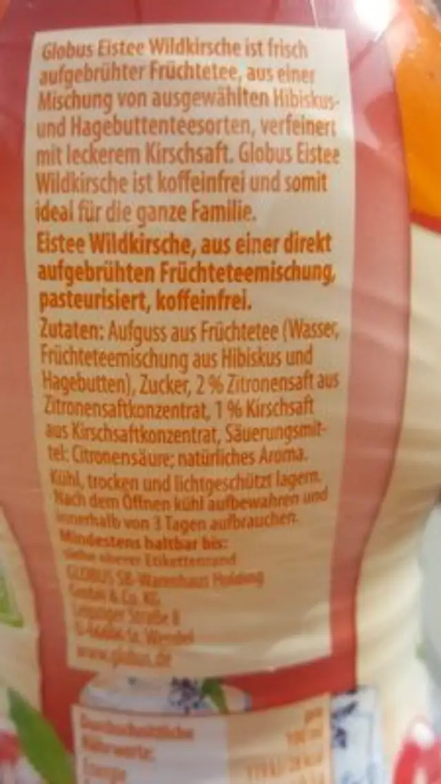 Eistee, Wildkirsche ingredients label