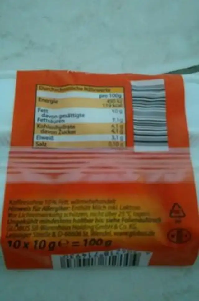 Kaffeesahne, 10 % Fett ingredients label