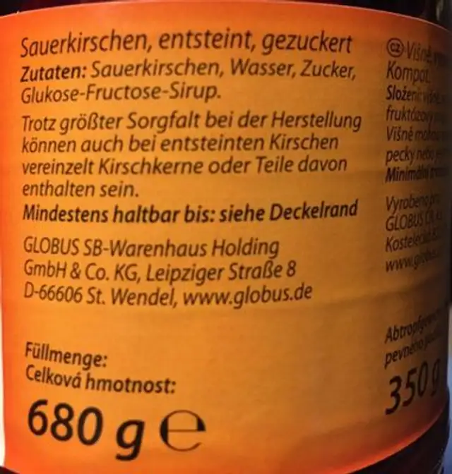 Sauerkirschen, Entsteint, Gezuckert ingredients label