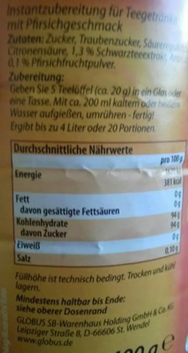 Korrekt Instant teegetränk Pfirsich ingredients label