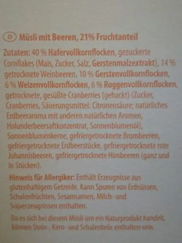 Beeren vollkorn - musli ingredients label